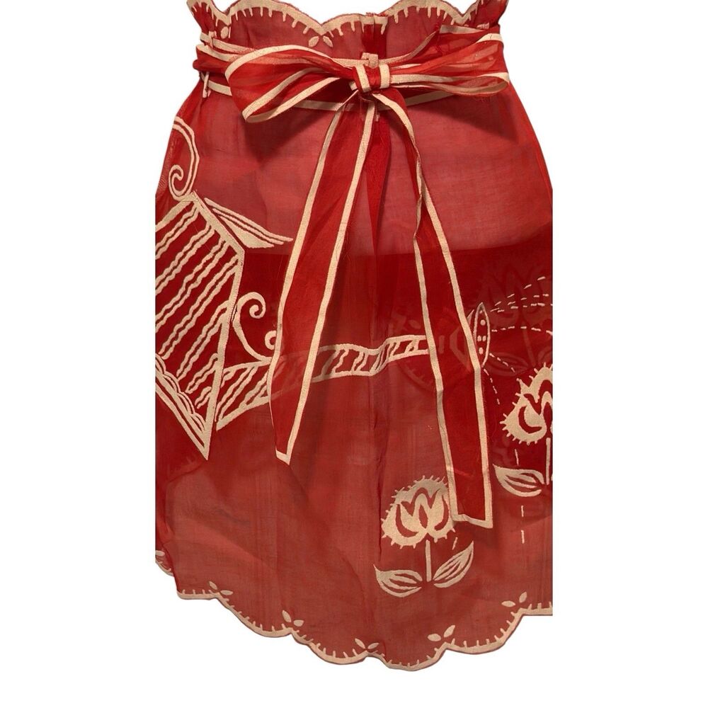 Red Organza Vtg Mid Century Half Apron White Stitching Flowers And Watering Can